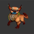 Fantasy Creature Character Featuring Orange Fur Blue Snout Horns Pointed Ears And Flame Design