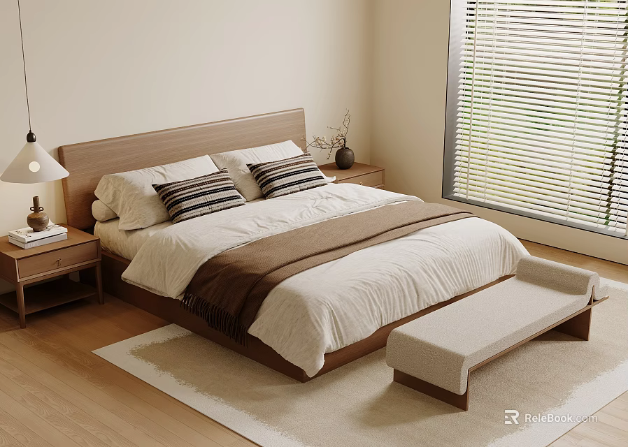 Modern Minimalist Double Bed With Wooden Headboard White Bedspread And Striped Pillows 3d model 