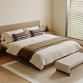 Modern Minimalist Double Bed With Wooden Headboard White Bedspread And Striped Pillows