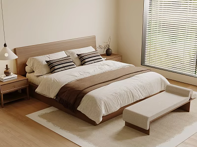 Modern Minimalist Double Bed With Wooden Headboard White Bedspread And Striped Pillows 3d model