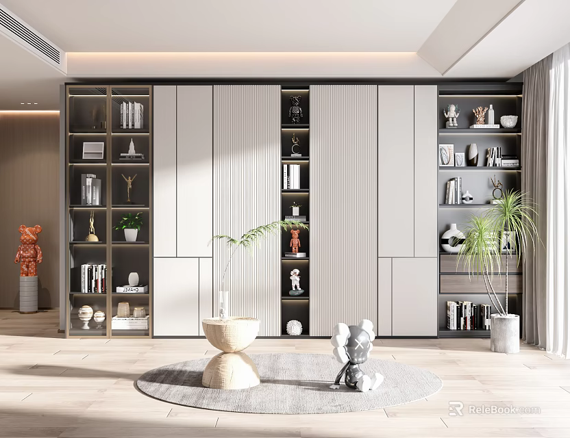 Modern Luxury Bookcase With Open Wooden Shelves Books Decorations And Plants 3d model 