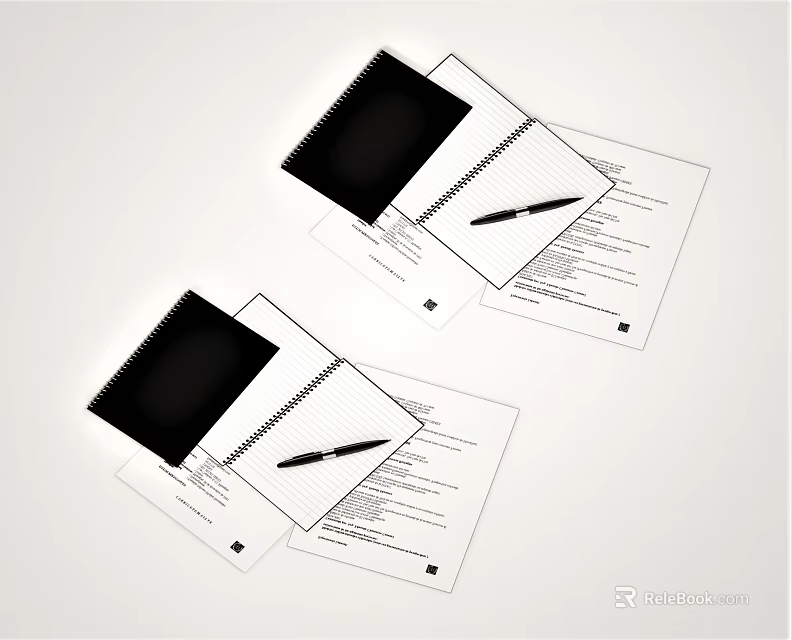 Open Black Cover Notebooks With Pen And Paper Sheets On White Background 3d model 