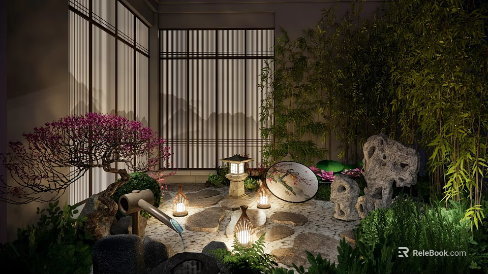 Japanese Garden Landscape with Shoji Screens Stone Rocks Lanterns and Cherry Blossom Tree 3d model 