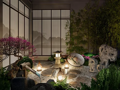 Japanese Garden Landscape with Shoji Screens Stone Rocks Lanterns and Cherry Blossom Tree 3d model