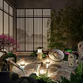 Japanese Garden Landscape with Shoji Screens Stone Rocks Lanterns and Cherry Blossom Tree
