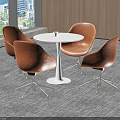 Stylish Brown Leather Leisure Chairs with White Round Table and Metal Base Near Large Windows