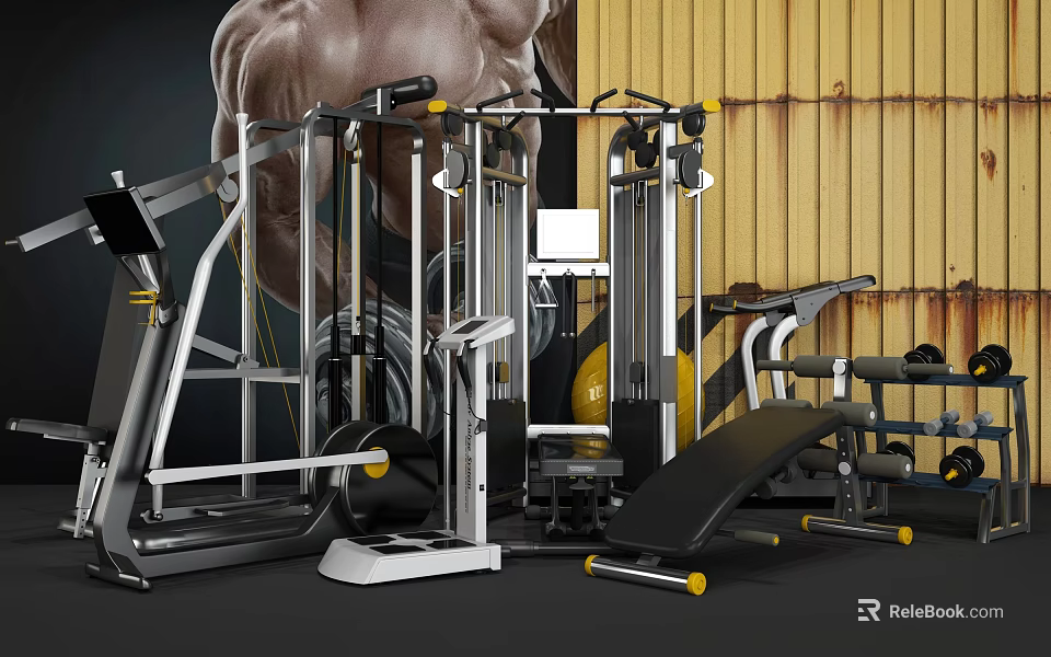 Various Sports Equipment In Gym With Multi Function Trainer Dumbbells And Weight Benches 3d model 