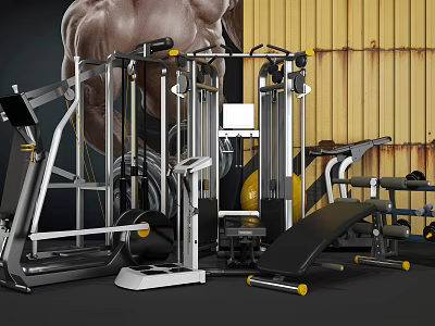 Various Sports Equipment In Gym With Multi Function Trainer Dumbbells And Weight Benches 3d model
