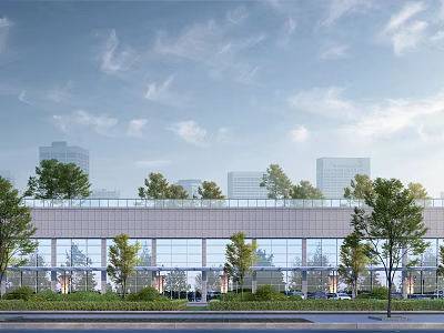 Modern Office Building With Glass Curtain Wall Surrounding Trees And Rooftop Greenery 3d model