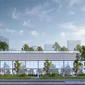 Modern Office Building With Glass Curtain Wall Surrounding Trees And Rooftop Greenery