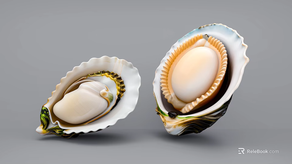 Abalone Aquatic Animals Inside Open White And Green Seashells On Gray Background 3d model 