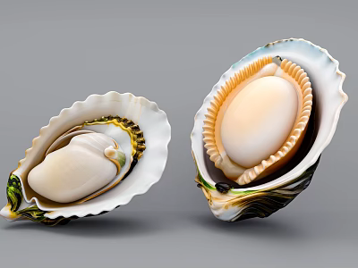 Abalone Aquatic Animals Inside Open White And Green Seashells On Gray Background 3d model