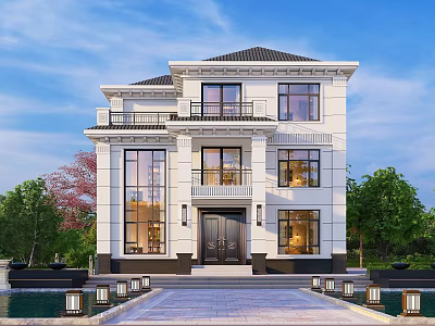 Elegant Detached Villa Featuring White Exterior Black Roof Large Windows And Landscaped Yard 3d model
