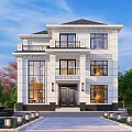 Elegant Detached Villa Featuring White Exterior Black Roof Large Windows And Landscaped Yard