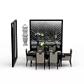 Modern Dining Table And Chairs Set In Stylish Room With Decorative Screen Vase And Tableware