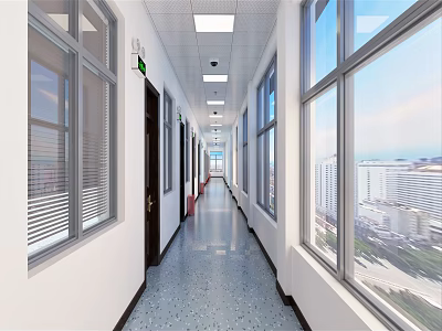 Modern Office Corridor Interior Design With Large Windows Ceiling Lights And Doors 3d model