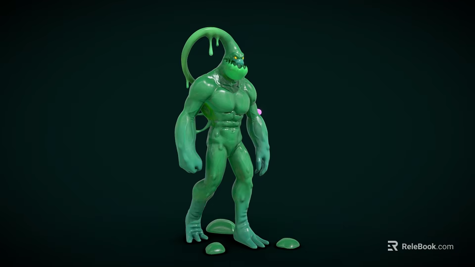 Green Monster Game Movie Character With Muscular Body Tentacle And Slime Drips 3d model 