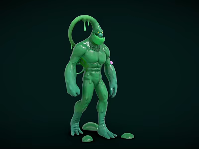 Green Monster Game Movie Character With Muscular Body Tentacle And Slime Drips 3d model