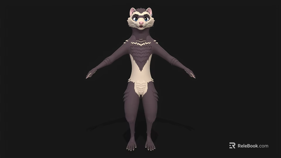 Anthropomorphic Ferret 3D Character Model With Brown White Fur And Blue Eyes Standing Pose 3d model 