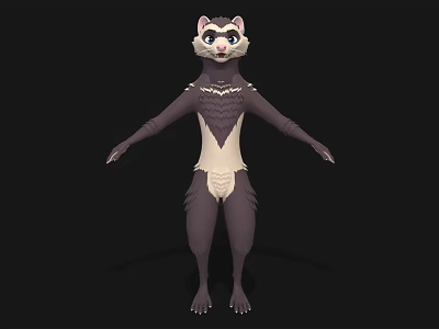 Anthropomorphic Ferret 3D Character Model With Brown White Fur And Blue Eyes Standing Pose 3d model