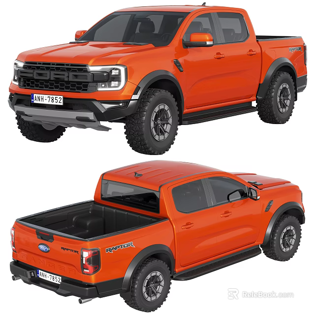 Orange Ford Ranger Pickup Truck With Off Road Tires Front Face And Rear Bed Design 3d model 