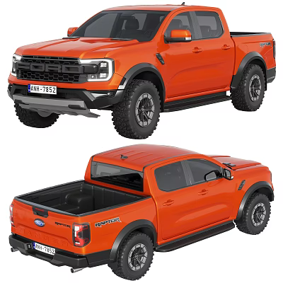 Orange Ford Ranger Pickup Truck With Off Road Tires Front Face And Rear Bed Design 3d model