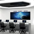 Modern Exhibition Hall Interior Design With Hexagonal Lighting Emblem And Screens 3d model