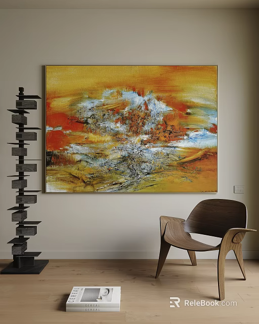 Abstract Oil Painting In Living Room With Chair And Decor 3d model 