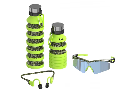 Green Sports Equipment Collection With Collapsible Water Bottles Goggles And Earphones 3d model