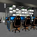 Gaming Cybercafe Interior With Glass Partition Ergonomic Gaming Chairs Computers Green Plants And Modern Lighting