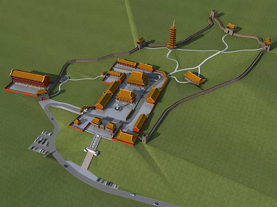 Traditional Ancient Architectural Complex With Yellow Roofs Tower Walled Pathways And Layout Design 3d model
