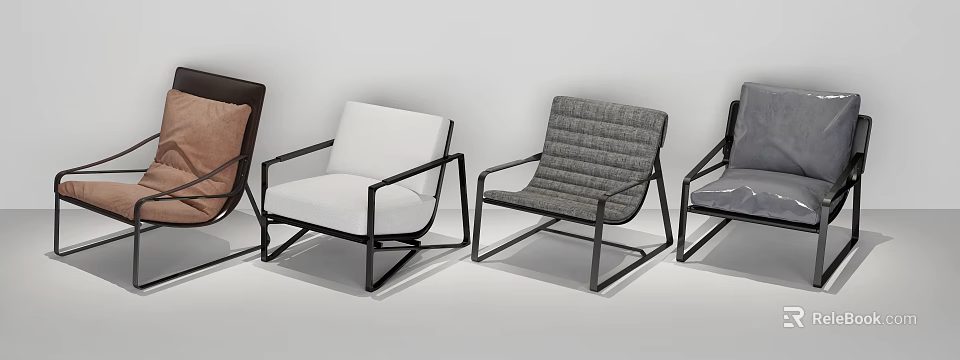 Modern Design Leisure Accent Chairs With White Gray Fabric And Black Metal Frame 3d model 