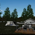 Luxury Glamping Site With Cozy Tents Wooden Deck And Outdoor Seats In Lush Green Woods
