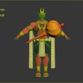 Golden Horned Red Skinned Mythical Character Creature Standing With Flowing Sashes Holding Golden Hammer