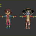 Two Cartoon Characters In Traditional Clothing With Red Blue Coats Flower Hairpin Bamboo Hat