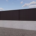 Black Vertical Slats Fence With Gray Wall Black Door On Gravel Ground Under Blue Sky