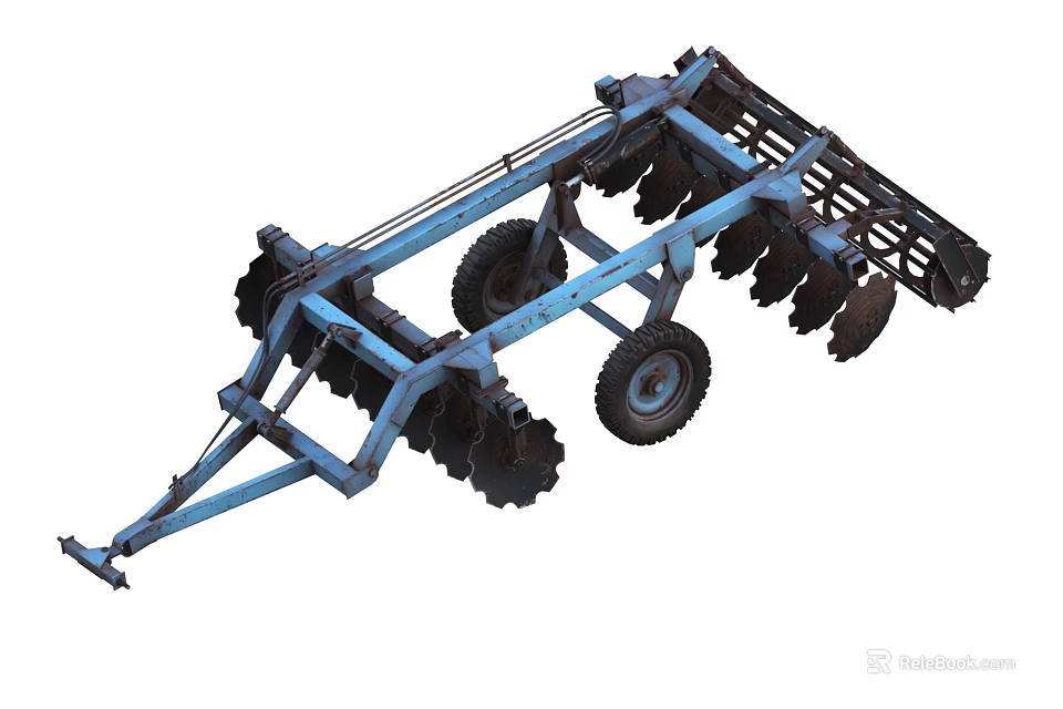 Heavy Duty Blue Frame Agricultural Disc Harrow With Multiple Discs And Wheels 3d model 