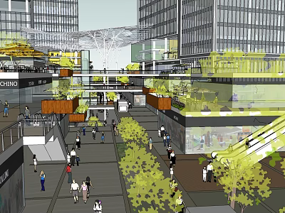 Modern Commercial Street With High Rise Buildings Pedestrians Green Trees And Skywalk 3d model