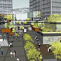 Modern Commercial Street With High Rise Buildings Pedestrians Green Trees And Skywalk