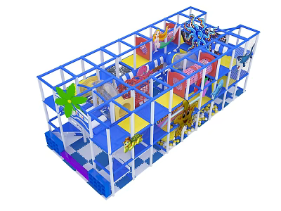 Indoor Children's Playground With Blue Frame Colorful Zones Slides And Climbing Nets 3d model