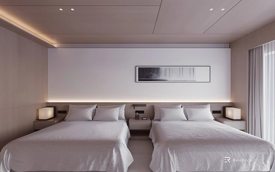 Modern Hotel Guest Room With Two Double Beds White Bedding And Framed Wall Art 3d model 