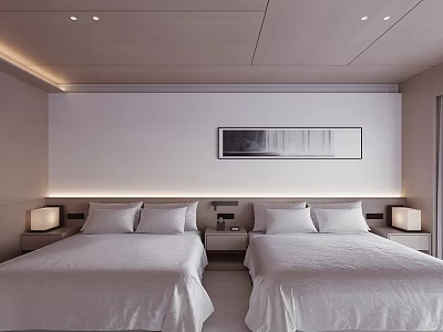 Modern Hotel Guest Room With Two Double Beds White Bedding And Framed Wall Art 3d model