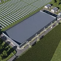 Modern Industrial Factory Building With Gray Exterior Green Lawn Trees Blue Sky And White Clouds