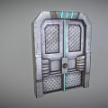 Futuristic Metal Double Door With Grid Panels And Blue Accent Lines Design