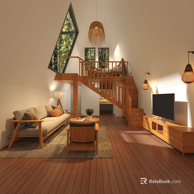 Loft Apartment Living Room with Wooden Staircase Sofa TV Pendant Lights and Windows 3d model 
