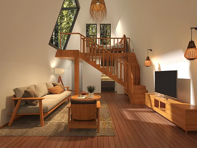 Loft Apartment Living Room with Wooden Staircase Sofa TV Pendant Lights and Windows 3d model
