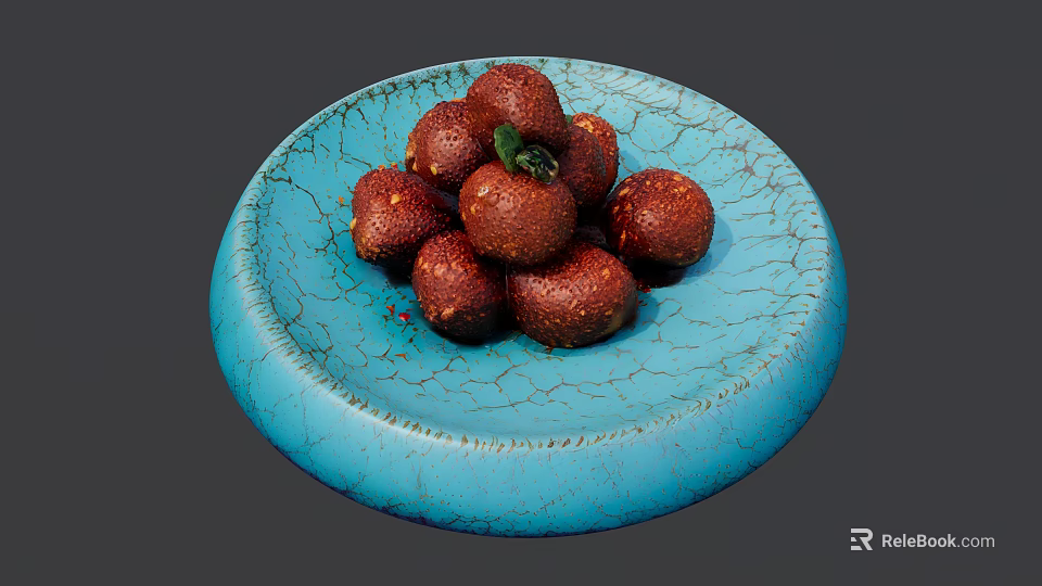 Red Round Snacks on Blue Cracked Plate with Green Decorative Leaf 3d model 