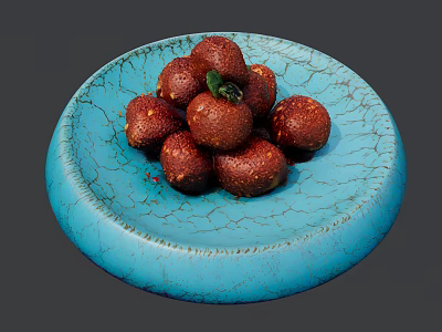Red Round Snacks on Blue Cracked Plate with Green Decorative Leaf 3d model