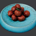 Red Round Snacks on Blue Cracked Plate with Green Decorative Leaf