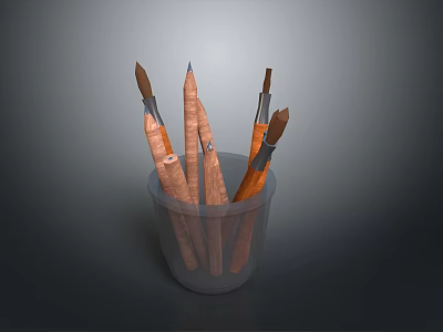 Everyday Stationery Set in Transparent Cup with Wooden Pencils and Paintbrushes 3d model
